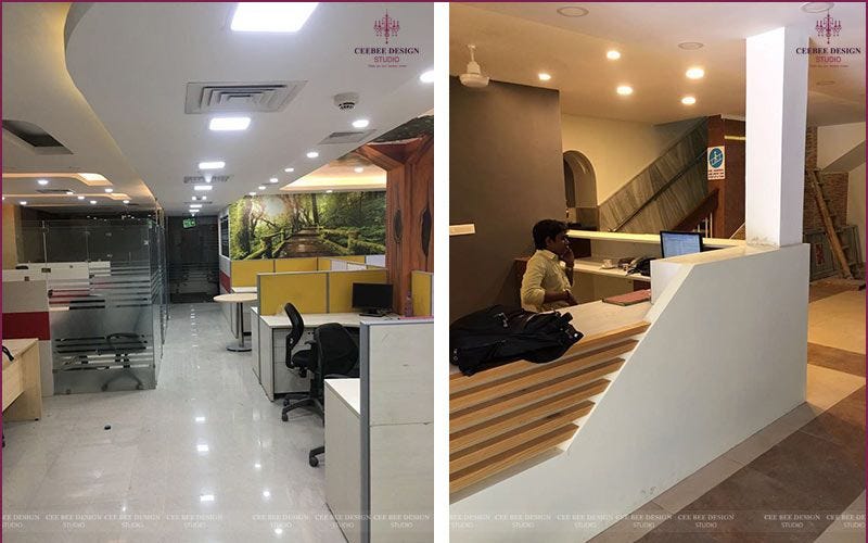 Before and after photos of an office interior design transformation.