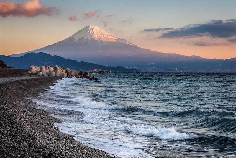 Shizuoka Prefecture’s Miho Beach with a clear view of Mt. Fuji in the background