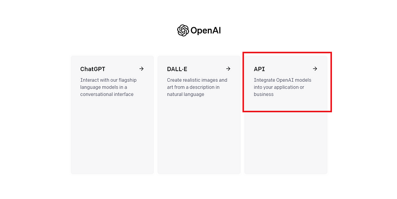 screenshot of navigating to API screen in OpenAI