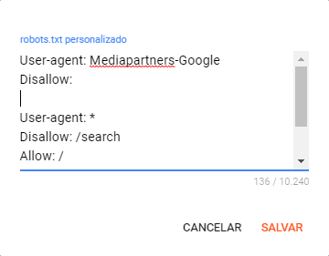 Area de criação do robots.txt personalizado.