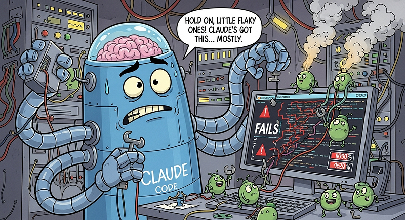 Imagen 4’s interpretation of Claude Code fixing flaky tests