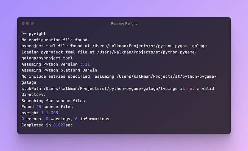 A screenshot shows the result of running pyright via the terminal on the demo project. It reports no issues.