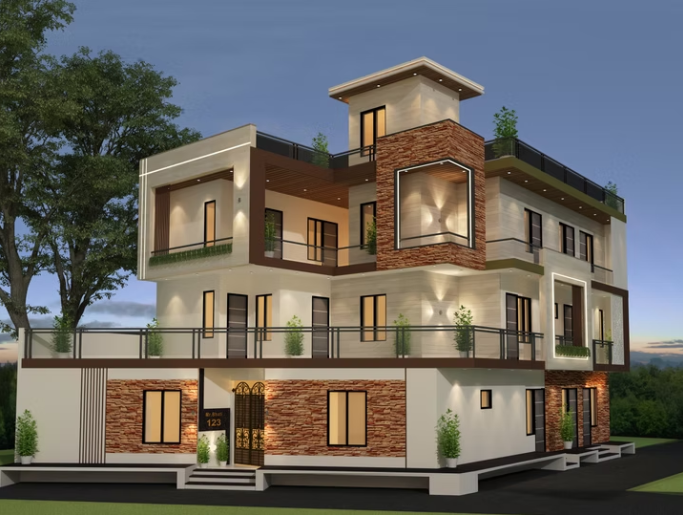 This modern residential house design in Noida features a striking contemporary facade with clean geometric forms, textured stone cladding, and warm ambient lighting. Spacious balconies, large windows, and a rooftop terrace enhance natural light and ventilation. Designed for urban living, this residence blends functionality, aesthetics, and modern architecture to create a comfortable and visually appealing home suited for today’s lifestyle.