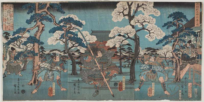 A woodblock printing showing the Minamoto clan who are deeply tied to Iwashimizu Hachimangu