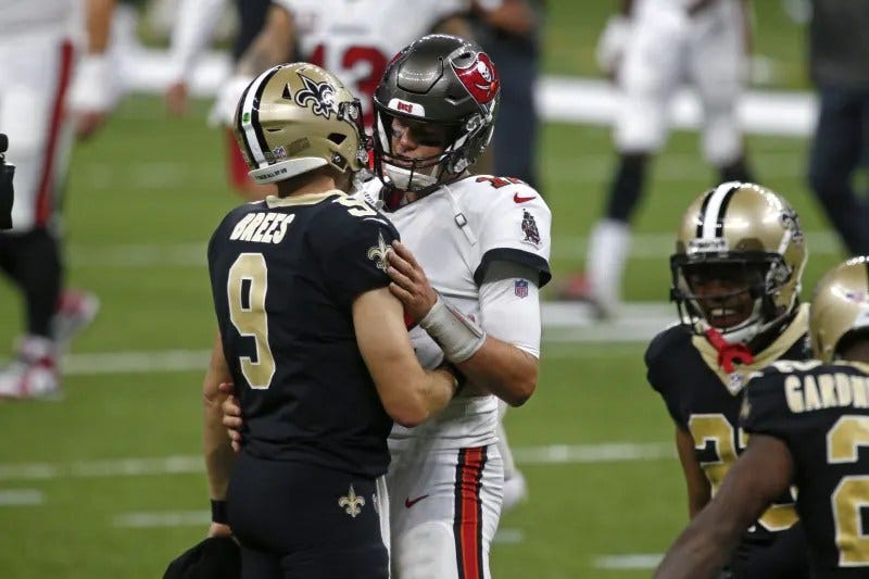 Brees and Brady greet following a Week 1 win in New Orleans, 34–23