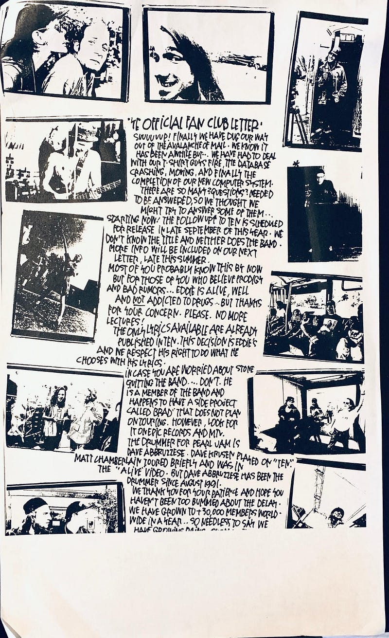 Pearl Jam fan club letter from 1991