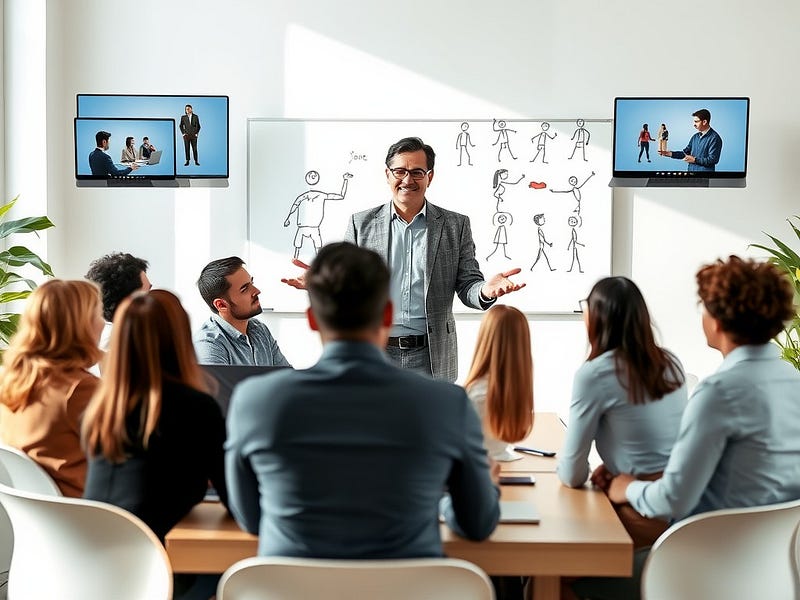 A diverse hybrid team meeting with some members in a sunlit office and others on floating laptop screens. The leader stands centred, palms open, head slightly tilted, with a faint smile. One office member leans forward while a remote participant mirrors the posture. The whiteboard behind them shows stick figures demonstrating body language cues.