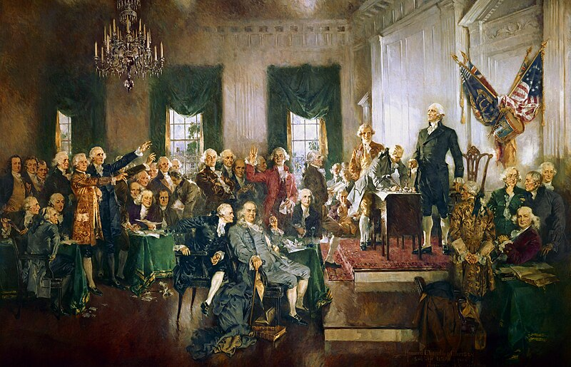 A painting depicting many of the U.S. Founding Fathers at Independence Hall in Philadelphia on September 17, 1787. The event pictured is the signing of the U.S. Constitution at the end of the Constitutional Convention.