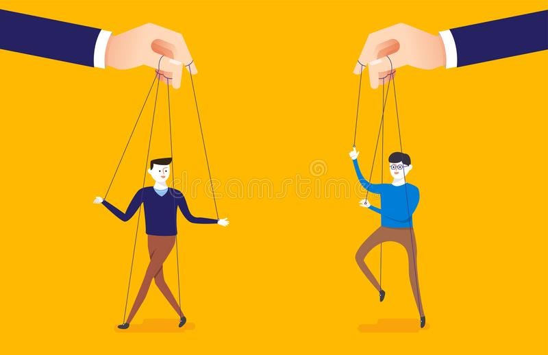 two people being held up by strings, like puppets, with a pair of hands controlling them.