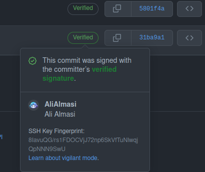 A verified Git commit is shown on GitHub