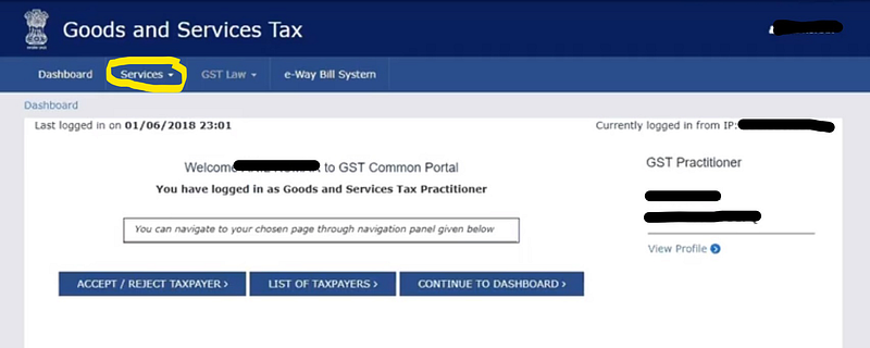 Goods & Services Tax Practitioner Login Screen