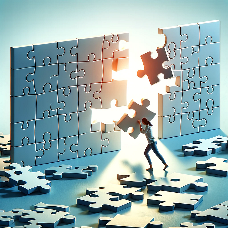 A woman breaking apart a puzzle-piece wall
