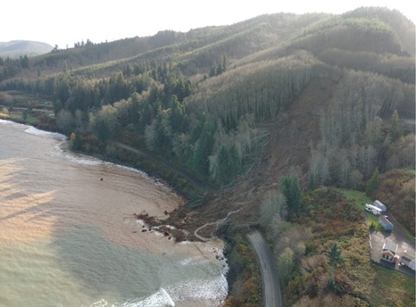 The landslide on State Route 112 which isolated communities in Clallam County following the Nov. 15 storms. The road remains closed and it is estimated repairs may take several months.