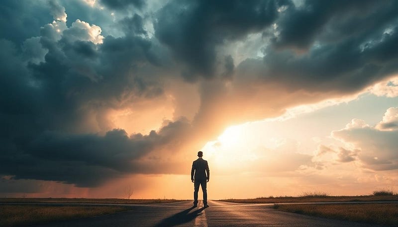 A lone figure stands at a crossroads beneath a sky split between bright, warm sunlight and looming, dramatic storm clouds, symbolising the balance between gratitude and suppressed emotions.