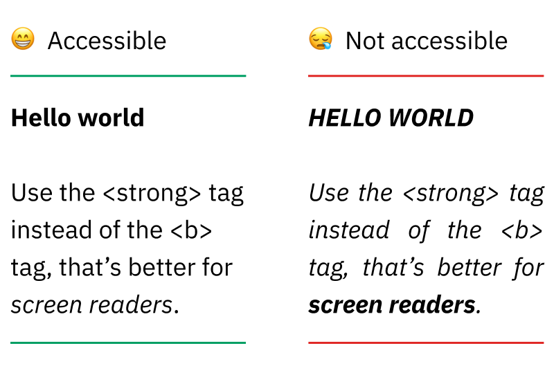 Graphic image: [😁Accessible] option on left with simple bold and italics, [😪Not accessible] option on right with too many.