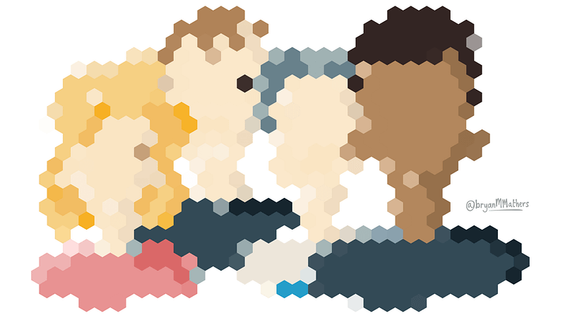 People made up with badge-like hexagons