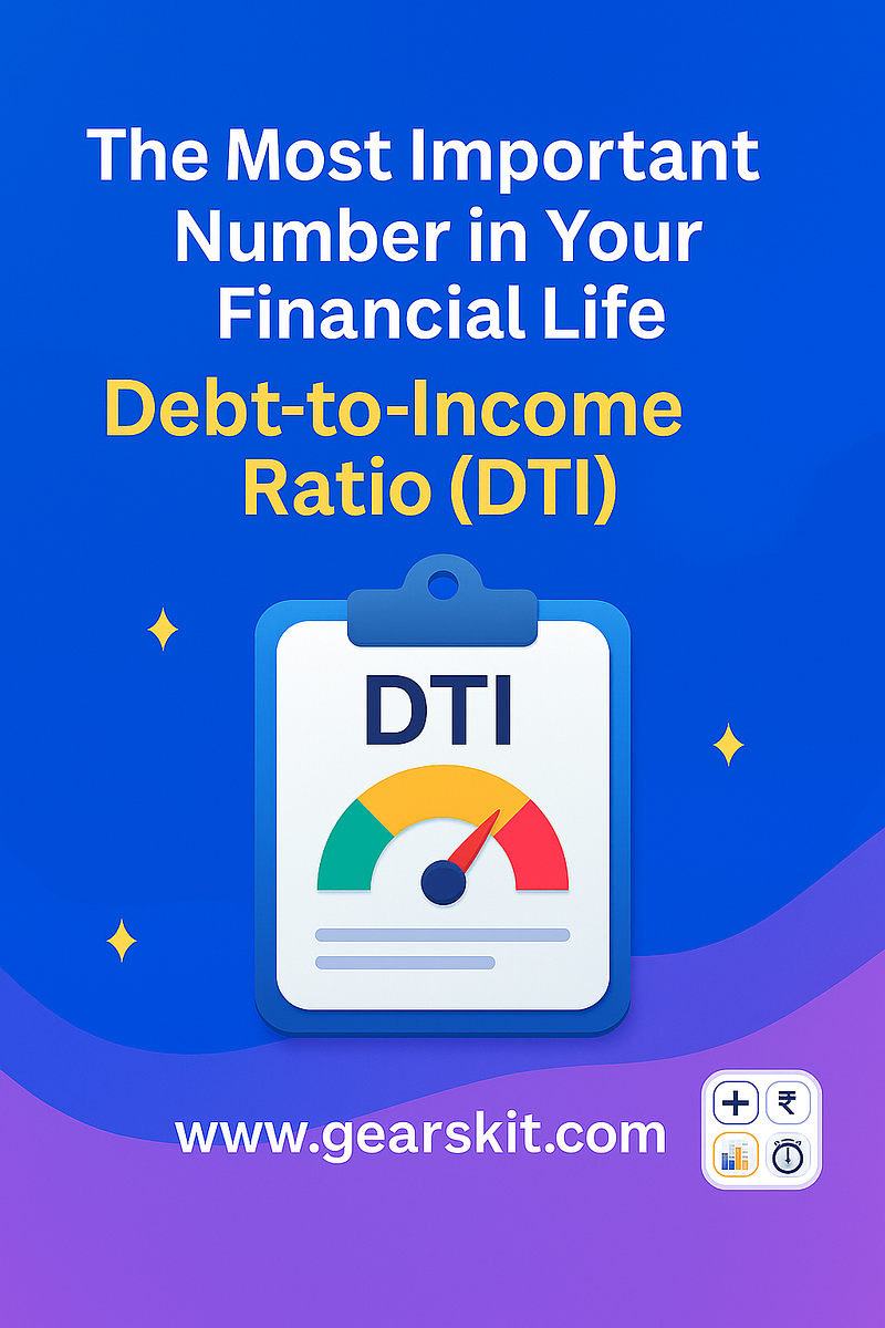 “Infographic explaining Debt-to-Income Ratio with categories for healthy, risky, and dangerous DTI levels, highlighting why DTI matters for financial health, loan approval, and affordability, with Gearskit branding on a modern blue-purple gradient background.”