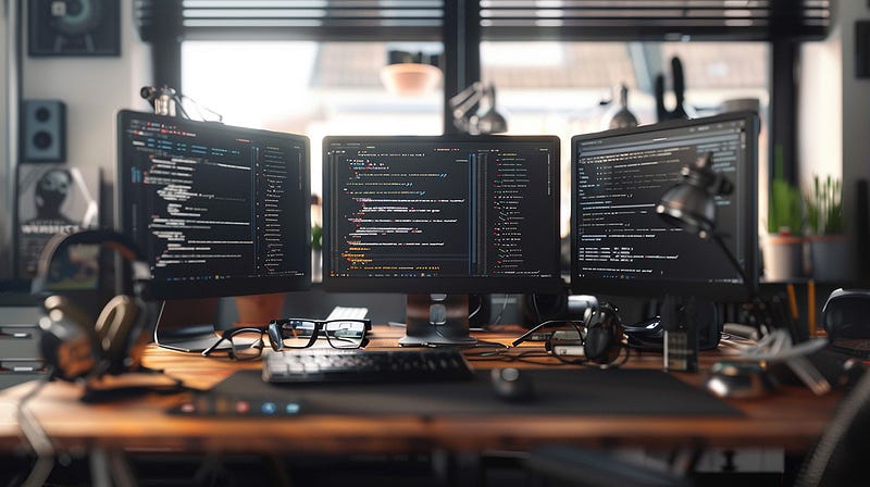 An image showing a developer’s workspace with three computer monitors displaying code. The workspace is well-organized, with a keyboard, headphones, glasses, and other items scattered on the desk. The environment suggests a focus on productivity, showcasing a cozy and well-lit home office setup, with a coding project actively being worked on.