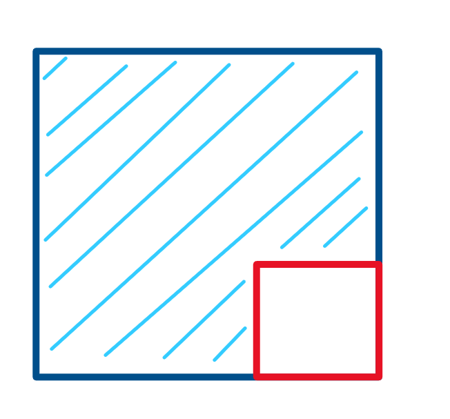 Working With Squares: The smaller square is placed on top of the bigger square in the right-hand bottom corner. The region that is not occupied by the smaller square is shaded with light blue cross-hatched lines in the bigger square.