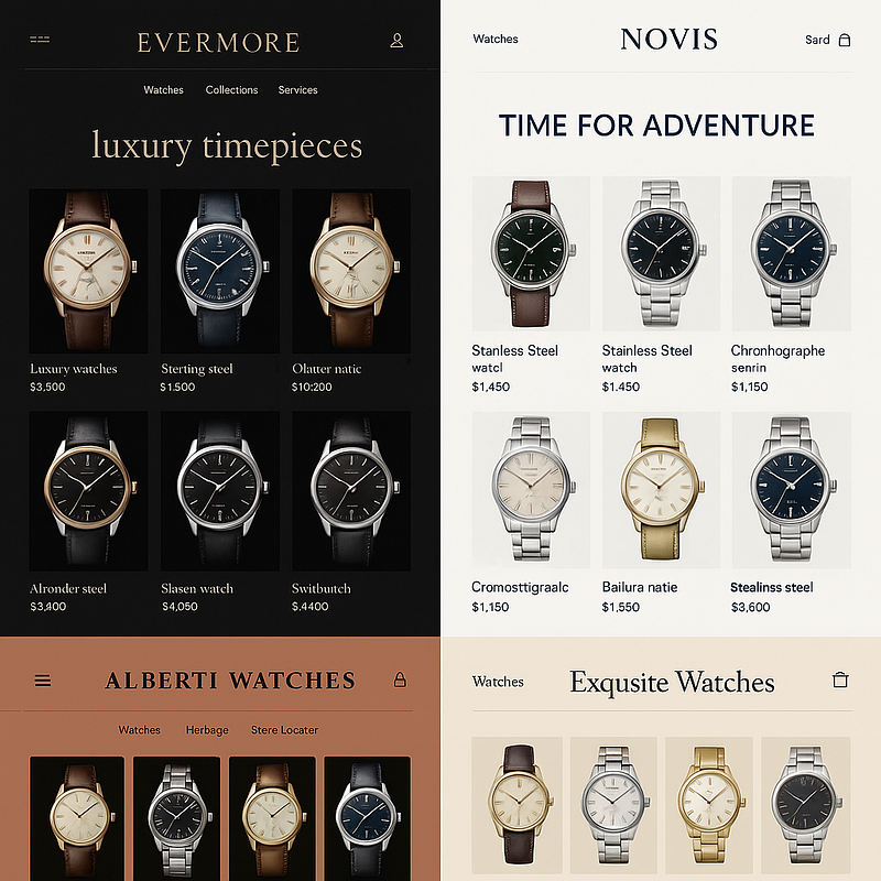Side-by-side product listing pages from four watch brands, each showing a grid of timepieces with distinct branding, typography, color palettes, pricing, and navigation, illustrating how a shared PLP structure adapts across a brand family.