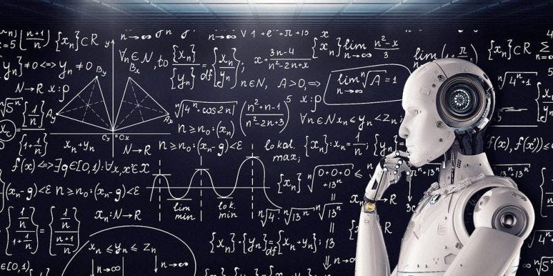 Image of robot deep in thought in front of a blackboard
