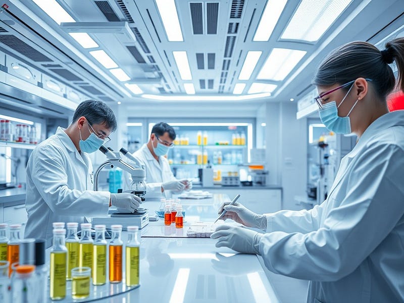 A futuristic lab setting with scientists working on advanced drug therapies, showcasing vials and high-tech equipment.