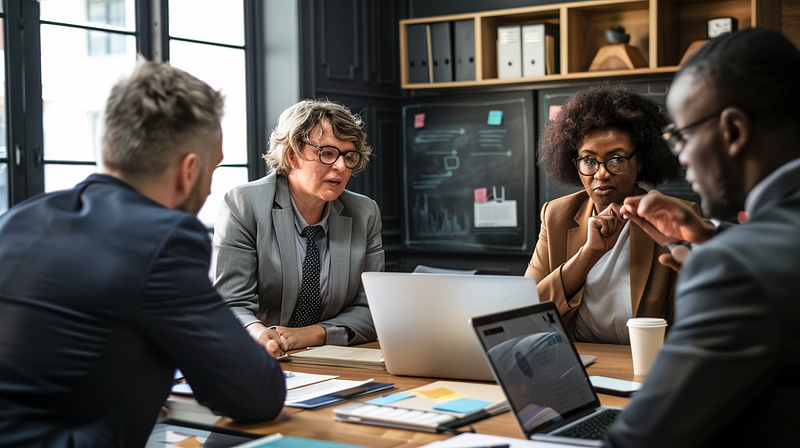 a team discussing their career development plans in a meeting room