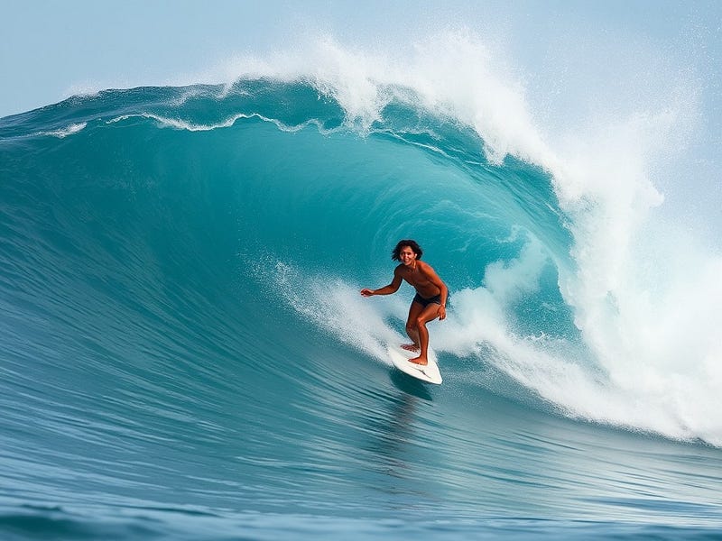 A serene surfer confidently riding a massive wave with a calm smile on their face, symbolising mastery over life’s chaotic moments.