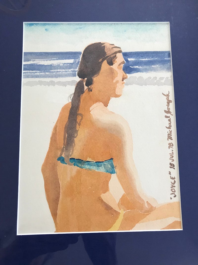 The image is a watercolor painting of the author (Joyce O’Day) as a teen, in a bikini, sitting on the sand facing the ocean. It was painted by Michael Joseph in Laguna Beach, California, on July 16, 1978.