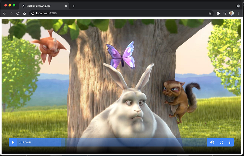 A screenshot that shows a theme Shaka Player playing the movie Big Buck Bunny