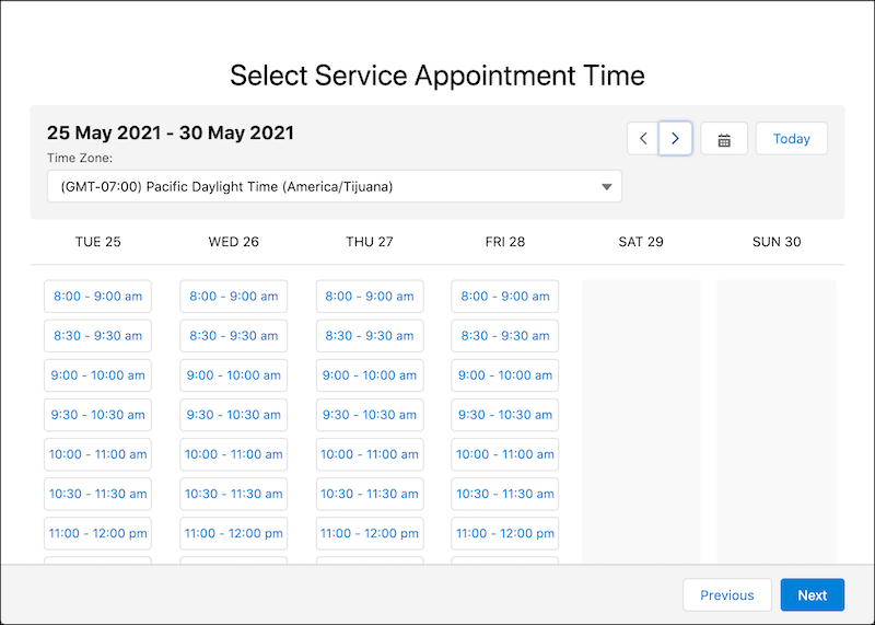 Out-of-the-box Salesforce Scheduler Time Slot Screen flow component, the resulting output of the Time Slot call.