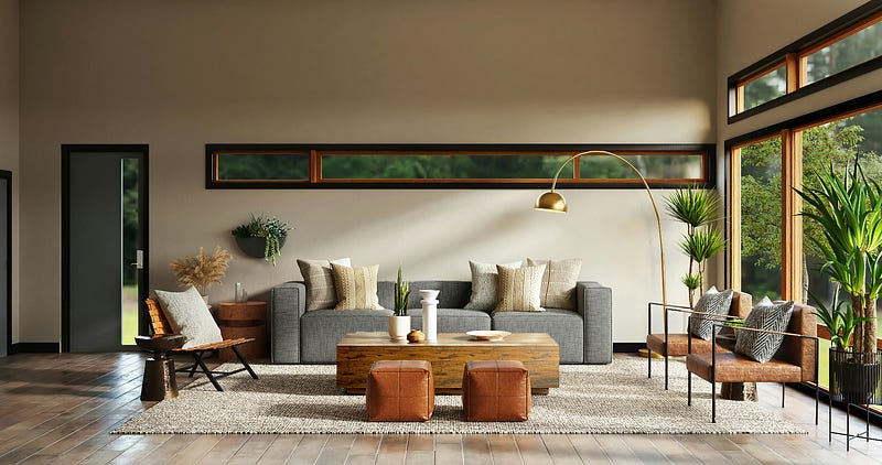 This modern living room interior highlights a harmonious blend of natural light, warm wooden accents, and contemporary furniture. Large horizontal windows and floor-to-ceiling glazing connect the indoor space with lush greenery outdoors. Neutral-toned sofas, textured cushions, indoor plants, and minimalist decor create a calm and inviting ambiance. The balanced layout, earthy materials, and elegant lighting make this living space perfect for a stylish, and comfortable residential interior.