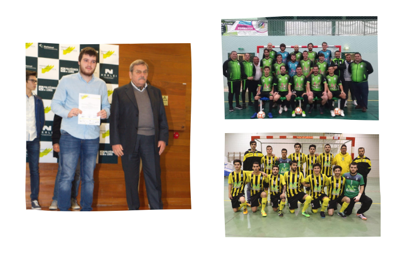 Three photos of Cristovão. First one receiving an award, second and third with their teammates