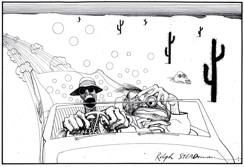 Drawing by Ralph Steadman of Dr. Gonzo and Hunter Thompson driving