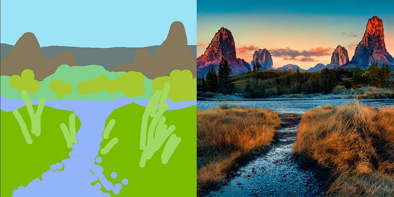 On the left is asimplified image, made up of colours (green for grass, blue for water etc). On the right is an AI generated image, which is a photorealistic landscape generated based on the other image.