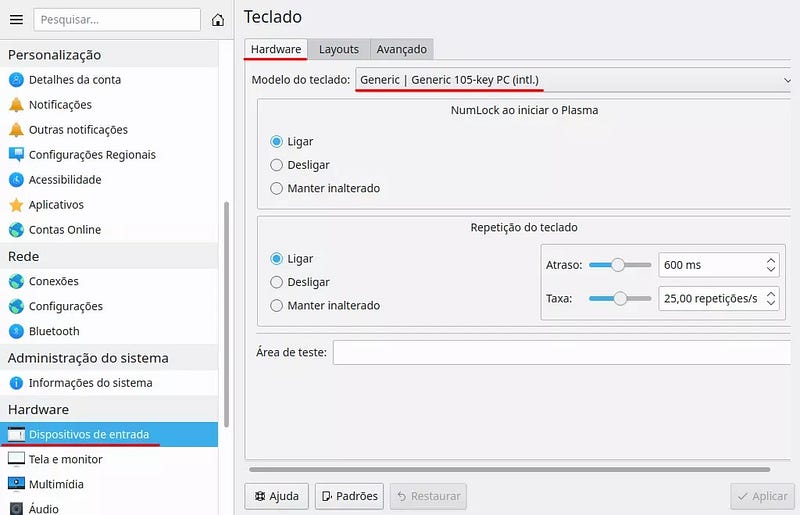 Screenshot das configurações de teclado do KDE