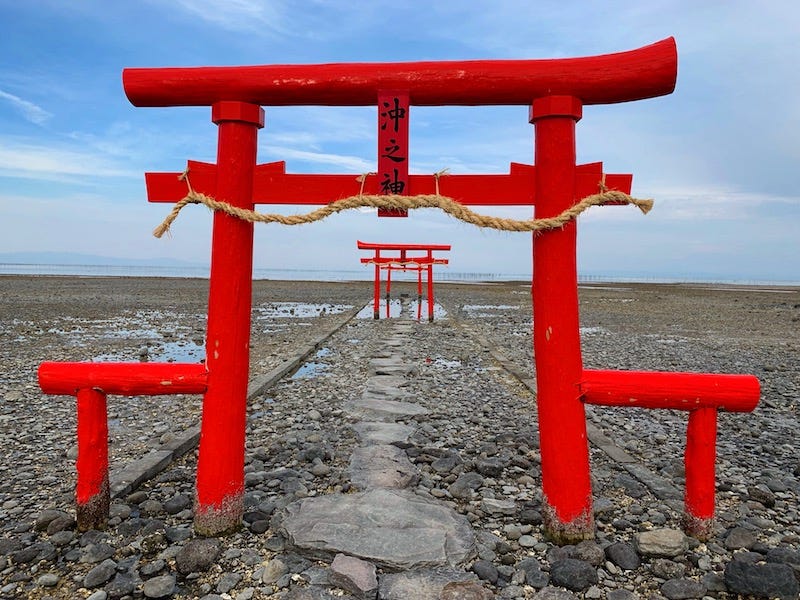 Three seaside torii gates at Ouo Shrine in Saga Prefecture