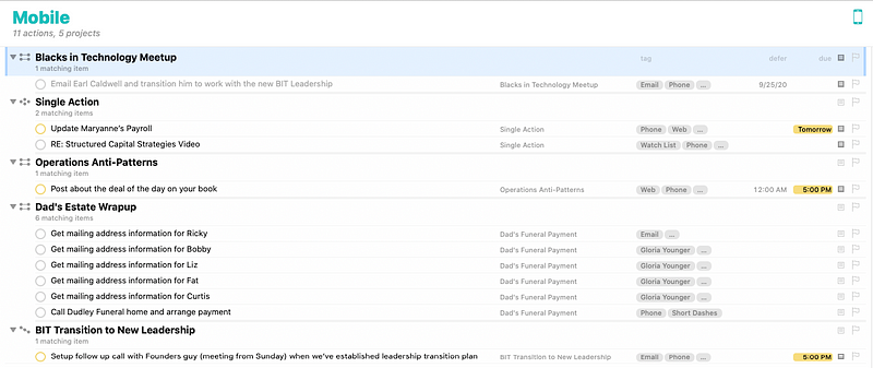 A screenshot of my mobile perspective in Omnifocus. It shows tasks that I could complete on a mobile device.