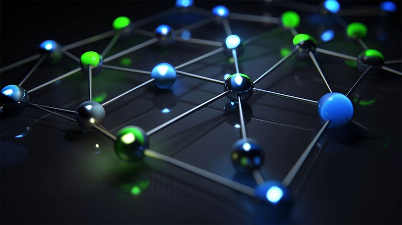 3D illustration of a network of spheres connected by rods on a reflective surface. The spheres are illuminated in various colors, including blue, green, and white, highlighting a complex connectivity pattern against a dark background.