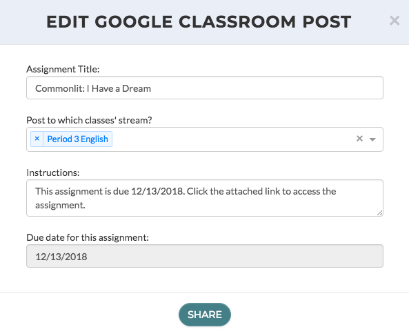 CommonLit's "Edit Google Classroom Post" page.