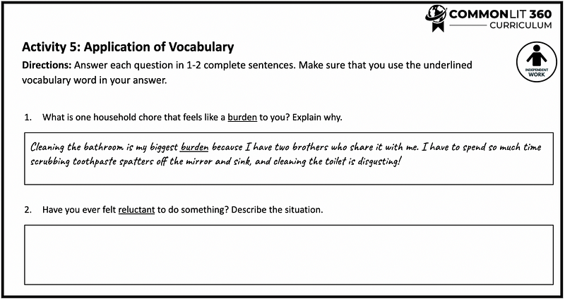 An example of the application vocabulary activity.