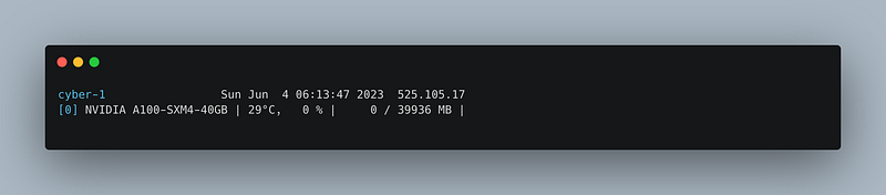 A screenshot of Gpustat, a tool to show the percentage of A100 GPU in use.