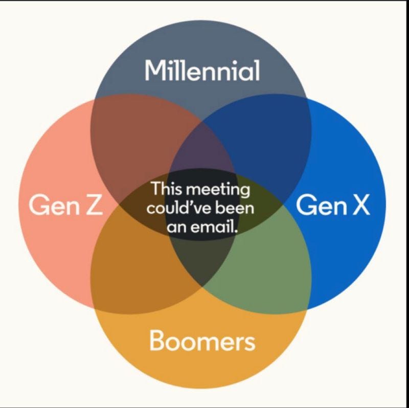 A venn diagram of multiple generations of workers, and in the center as the thing they all have in common is “This meeting could’ve been an email”
