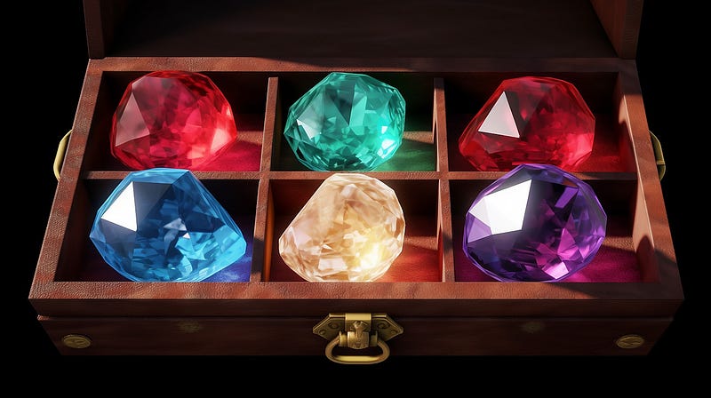 An image of a treasure chest with six big gems inside it, all in different colors
