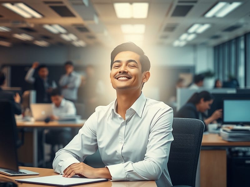 A calm, smiling business person sitting at a desk with closed eyes