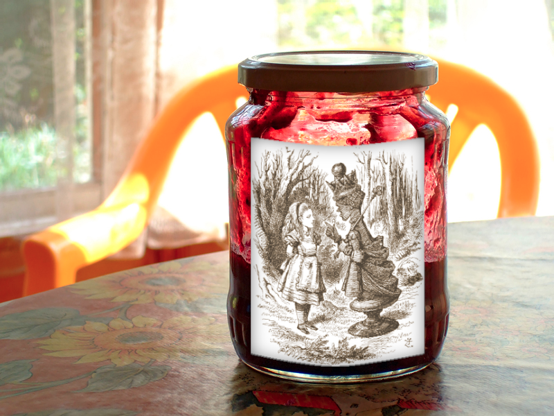 A half-empty jam jar on a table; the jar is labelled with Tenniel’s engraving of the Red Queen wagging her finger at Alice in Through the Looking-Glass.