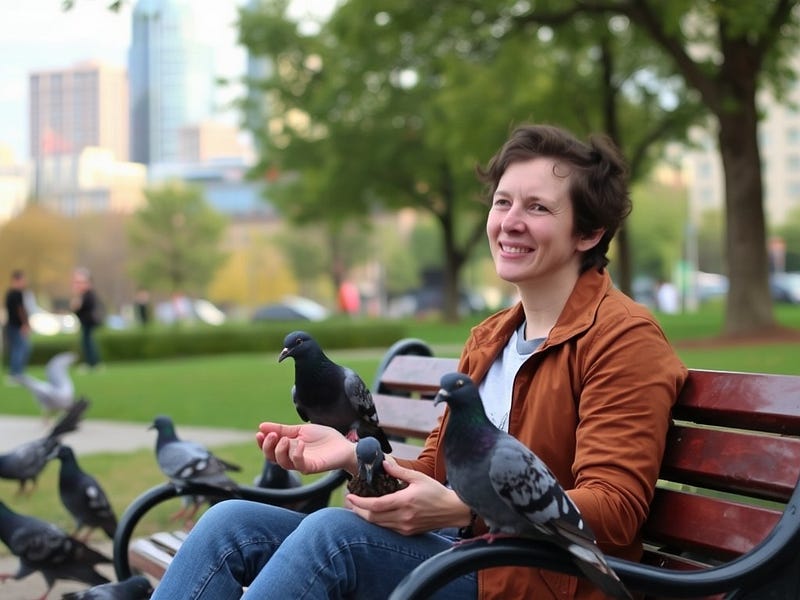 A person contentedly sitting on a park bench, smiling and feeding pigeons, with a bustling city in the background.