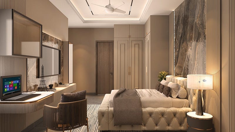 This modern master bedroom interior showcases a luxurious upholstered bed, elegant wall paneling, and a marble accent feature that adds depth and sophistication. Warm ambient lighting, neutral tones, and sleek wardrobe storage create a calm and refined atmosphere. The integrated study corner with a compact desk enhances functionality, making the space perfect for contemporary living with comfort, style, and smart design solutions.