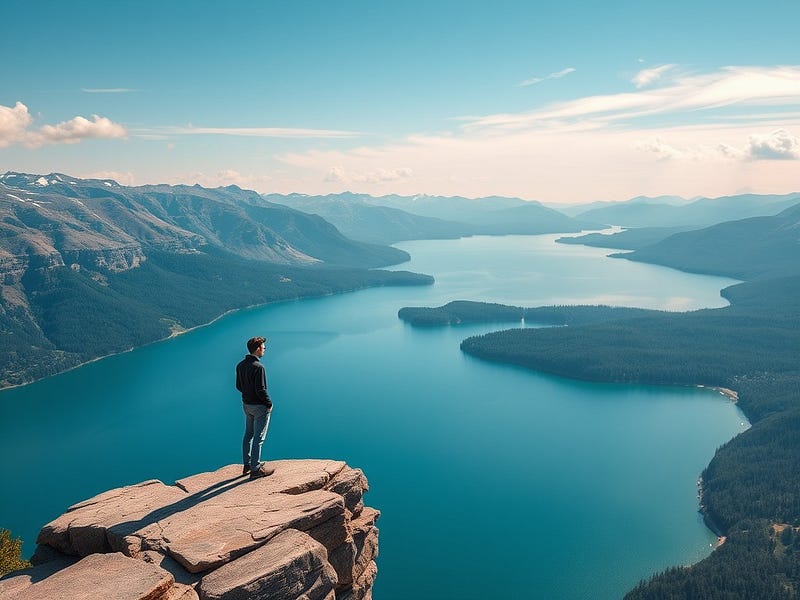 A person standing at the edge of a cliff, looking down at a serene lake.