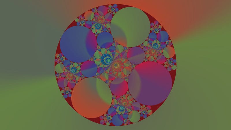 A multicoloured circle with a lot of big and small circles within, overlapping at various points